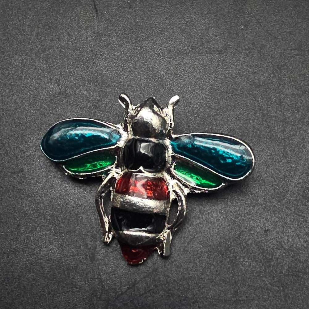 Bumble Bee Insect Brooch Silver Tone Teal Red Bug Jewelry